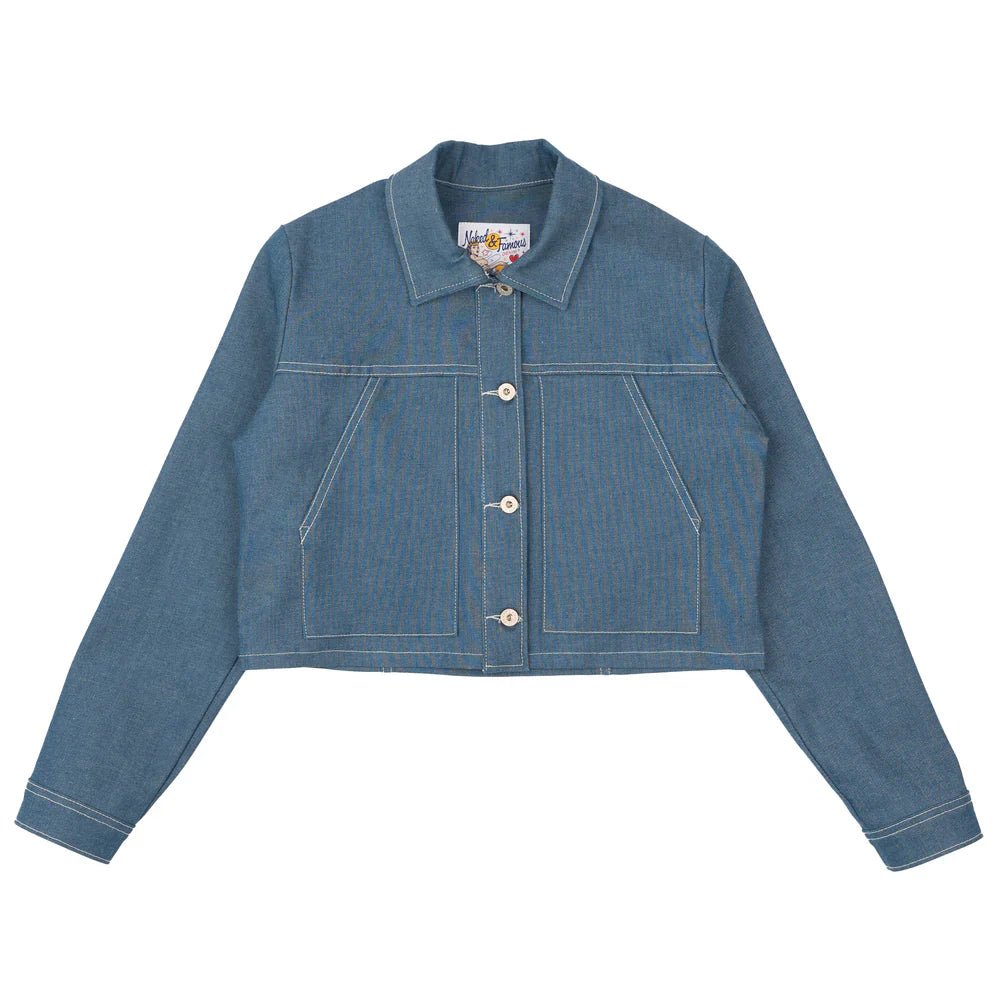 Naked & Famous Cropped Jacket in Antique Blue Stretch Denim