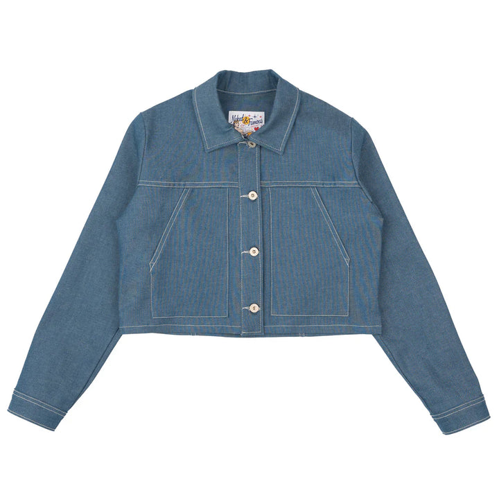 Naked & Famous Cropped Jacket in Antique Blue Stretch Denim