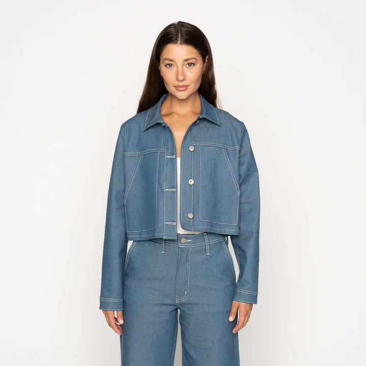 Naked & Famous Cropped Jacket in Antique Blue Stretch Denim