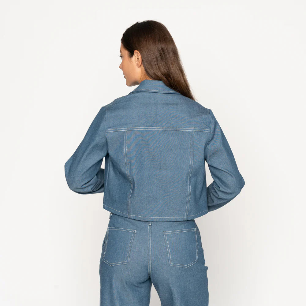 Naked & Famous Cropped Jacket in Antique Blue Stretch Denim
