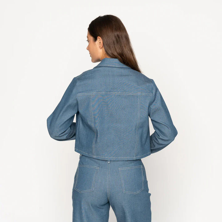 Naked & Famous Cropped Jacket in Antique Blue Stretch Denim