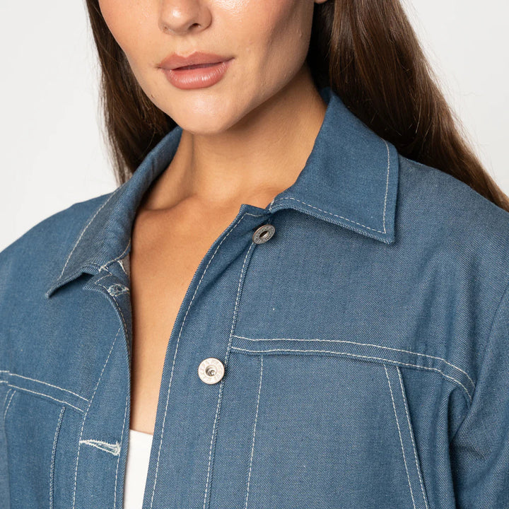 Naked & Famous Cropped Jacket in Antique Blue Stretch Denim