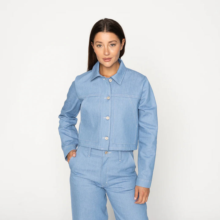 Naked and Famous Cropped Denim Jacket in Sakura Sky