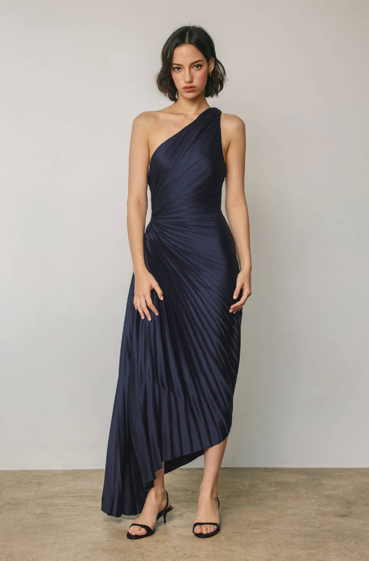 Satin One Shoulder Asymmetrical Pleated Dress