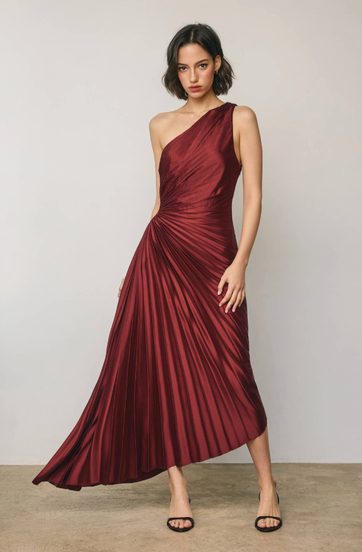 Satin One Shoulder Asymmetrical Pleated Dress