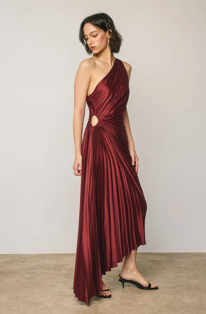 Satin One Shoulder Asymmetrical Pleated Dress
