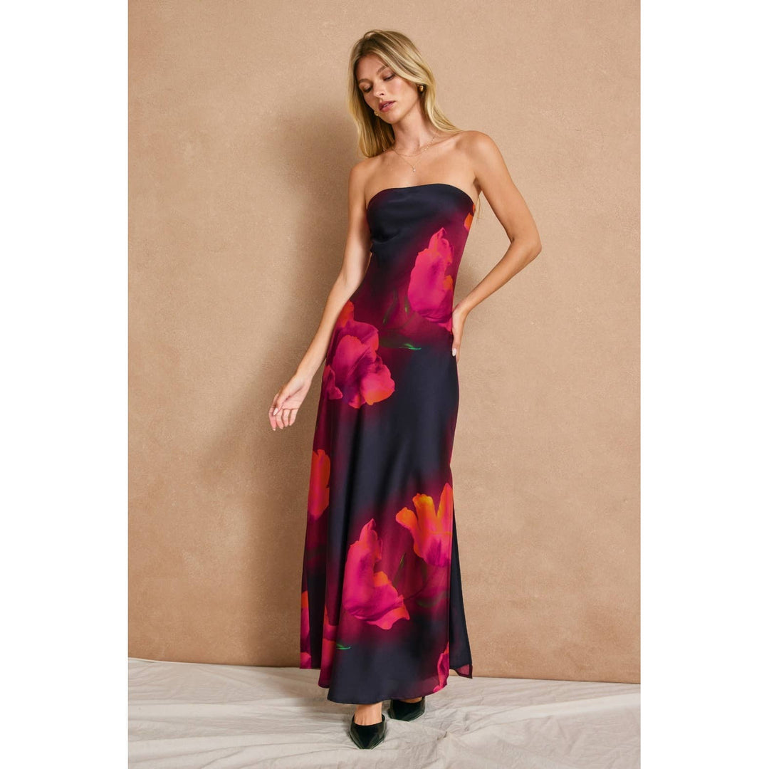 Floral Strapless Bias Cut Maxi Dress: PLUM ROSE / S-M-L(2-2-2)