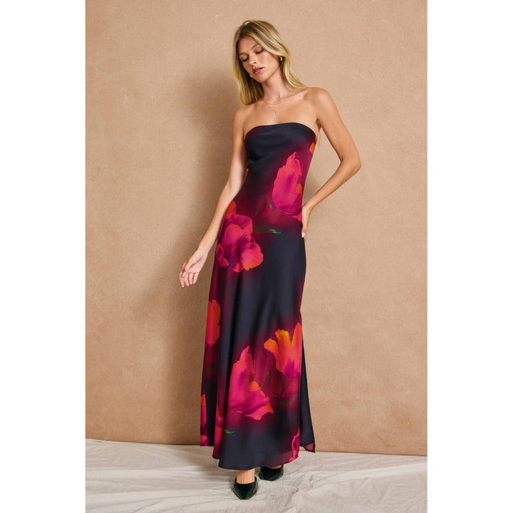Floral Strapless Bias Cut Maxi Dress: PLUM ROSE / S-M-L(2-2-2)