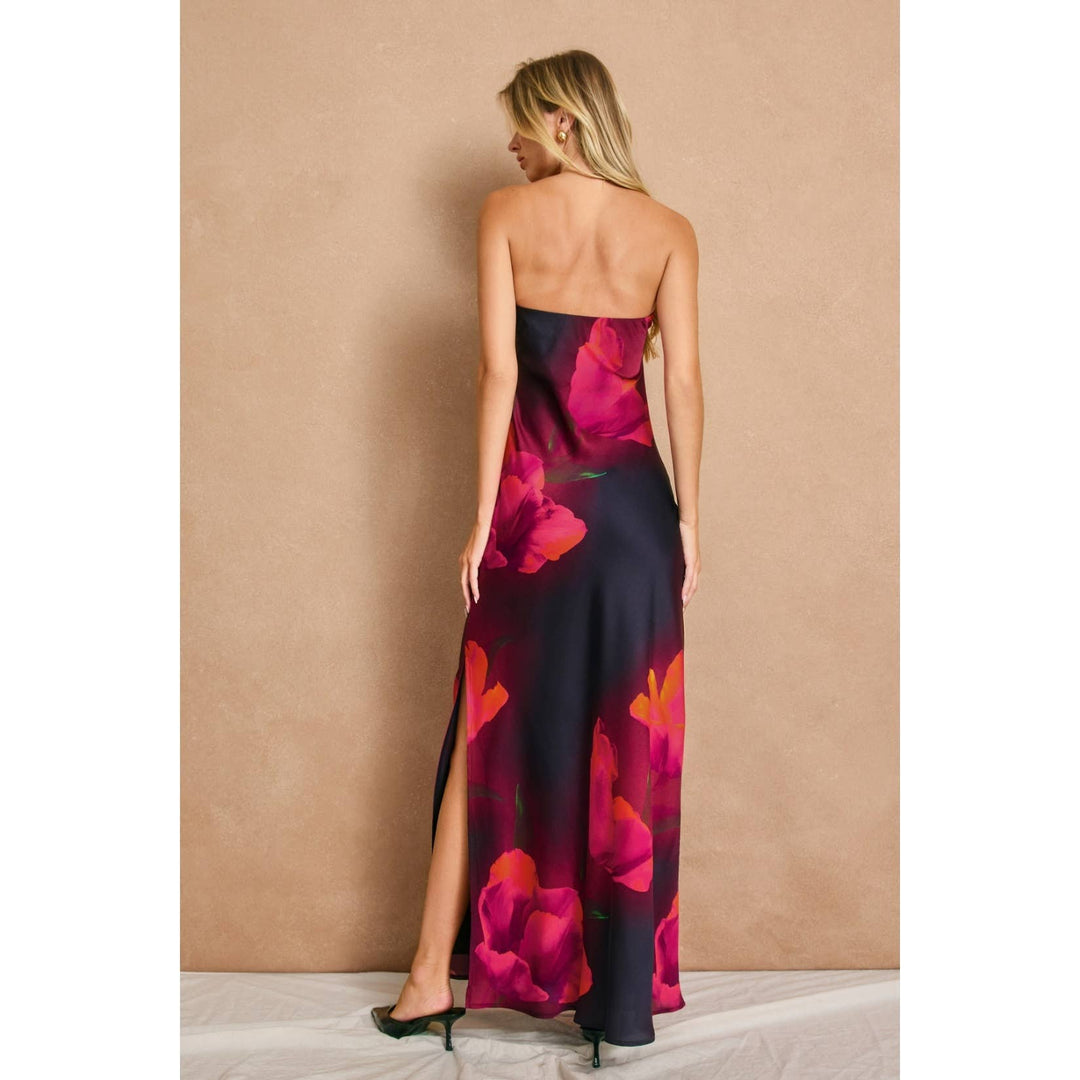 Floral Strapless Bias Cut Maxi Dress: PLUM ROSE / S-M-L(2-2-2)