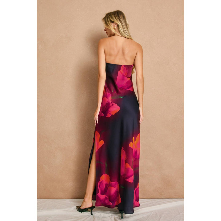 Floral Strapless Bias Cut Maxi Dress: PLUM ROSE / S-M-L(2-2-2)