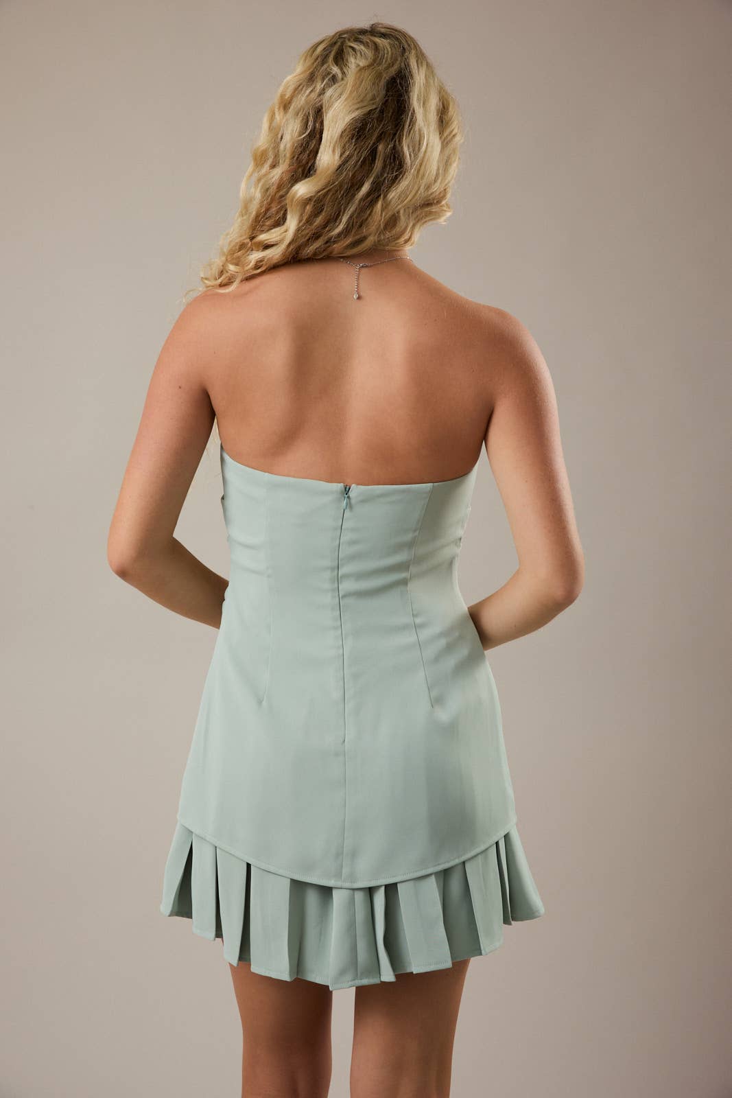 Strapless Mini Dress with Layered Pleated Skirt Detail