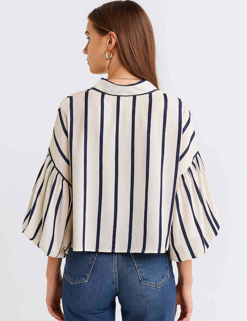 Striped Puff Sleeves Button Shirt