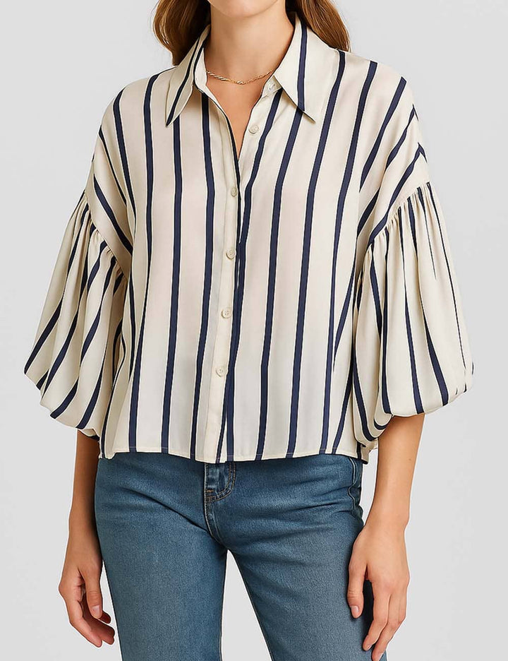 Striped Puff Sleeves Button Shirt