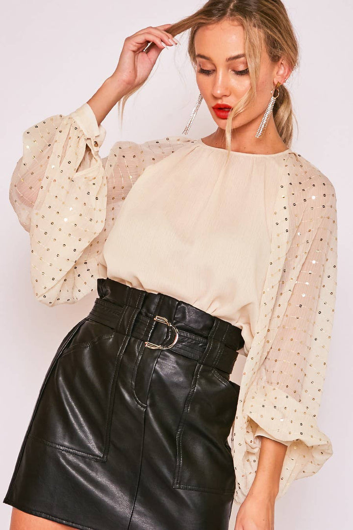 Vine and Love Sequin Long Balloon Sleeve Chiffon Blouse