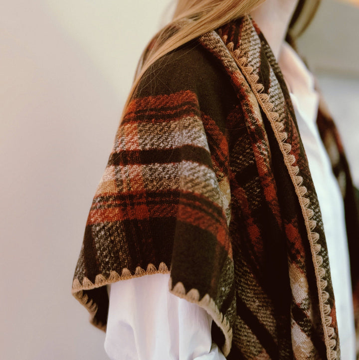 Stitched Triangle Shawl Scarf Brown Plaid