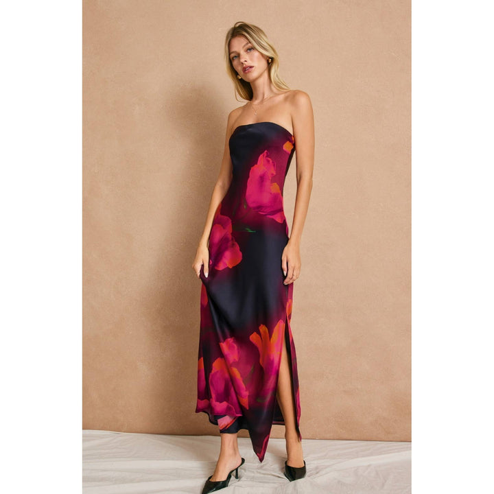 Floral Strapless Bias Cut Maxi Dress: PLUM ROSE / S-M-L(2-2-2)