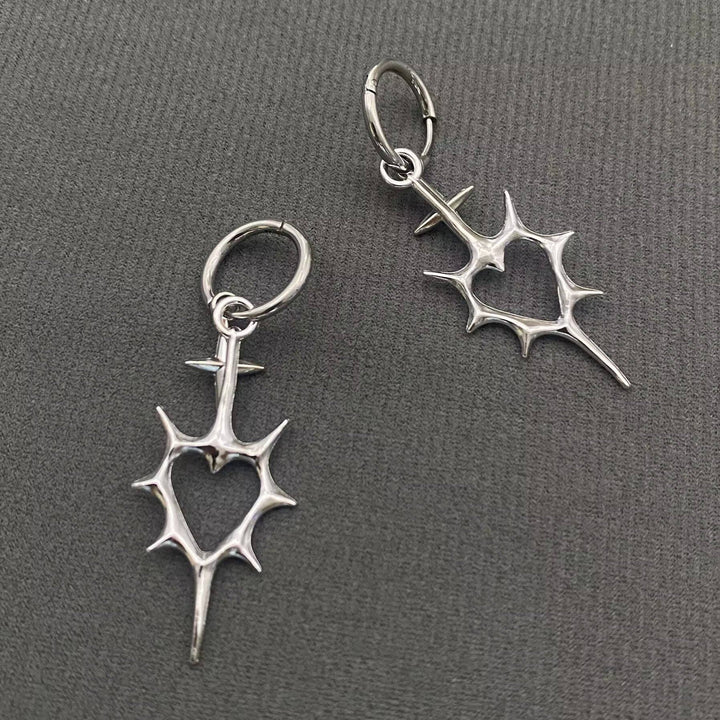 Gothic Silver Tone Thorns Hollow Heart Huggie Earrings