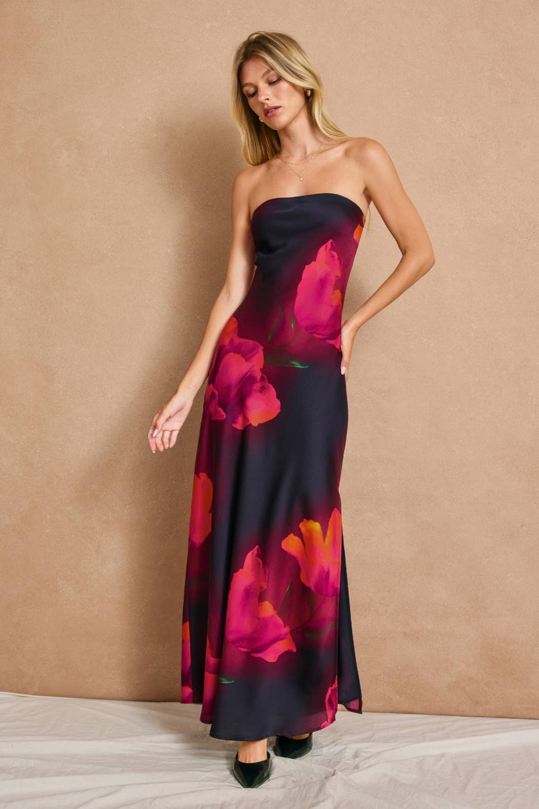 Floral Strapless Bias Cut Maxi Dress: PLUM ROSE / S-M-L(2-2-2)