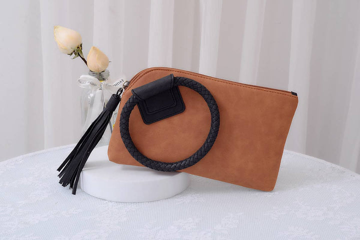 BP204 Fashion Cuff Handle Tassel Wristlet Clutch: Stone