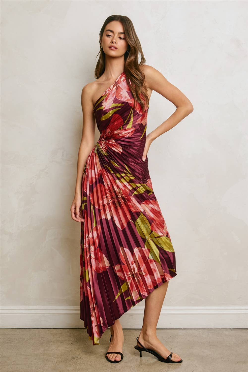 Hibiscus Plum One Shoulder Asymmetrical Pleated Dress