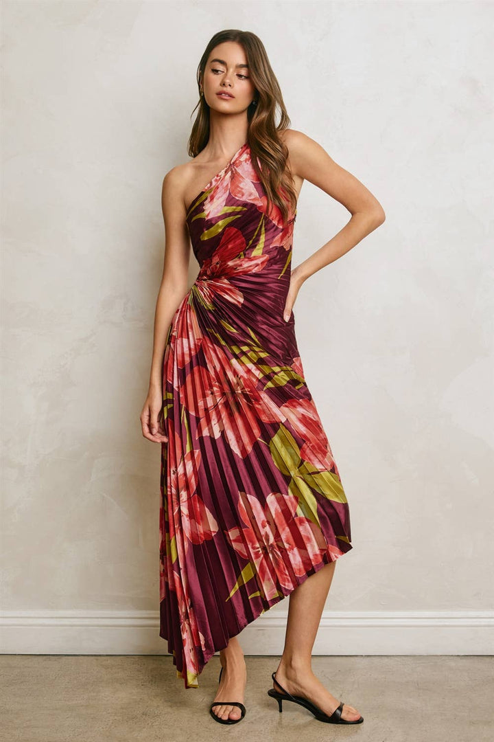 Hibiscus Plum One Shoulder Asymmetrical Pleated Dress