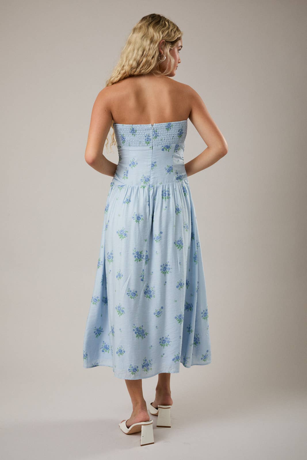 Strapless Ruched Waist Midi Dress
