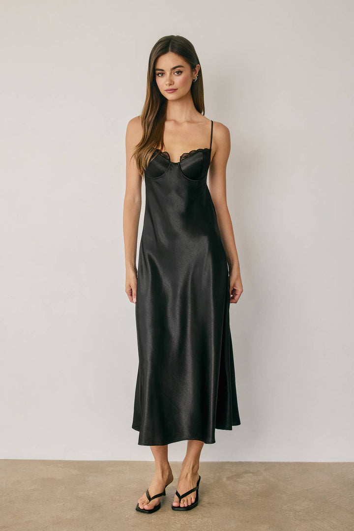 Satin Lace Trim Slip Midi Dress