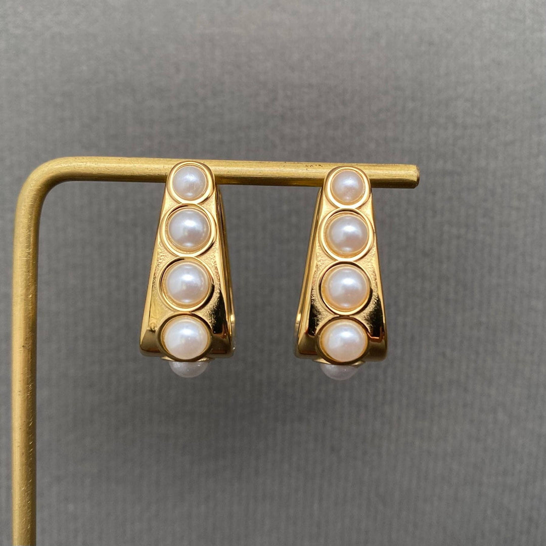 Pearl Inlaid 18K Gold Plated Huggie Earrings