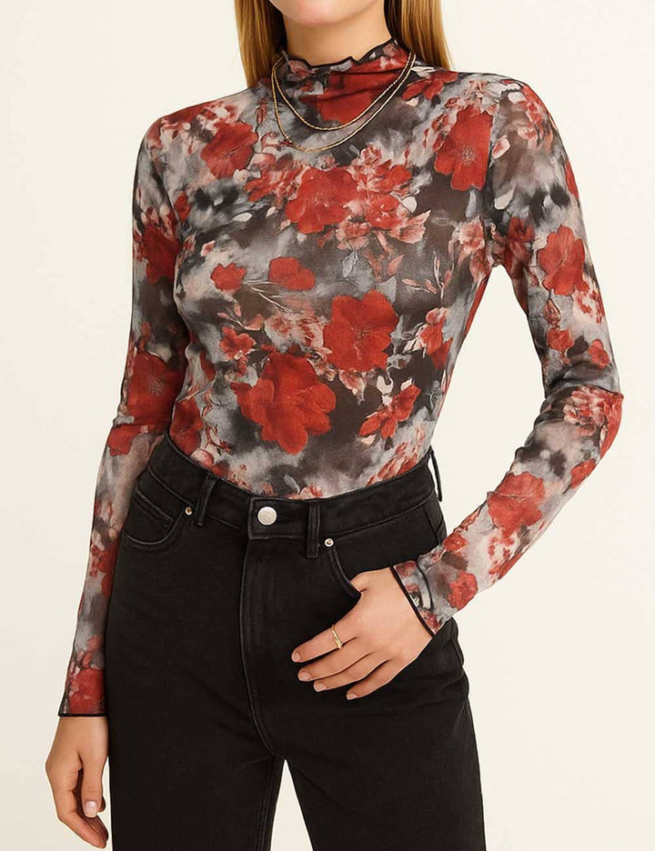 Flower Print Blouse See Sheer Layering Top