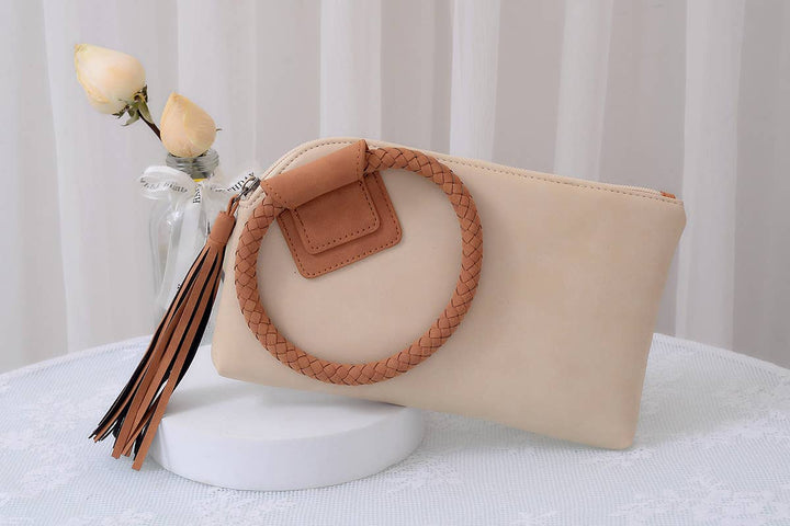 BP204 Fashion Cuff Handle Tassel Wristlet Clutch: Stone