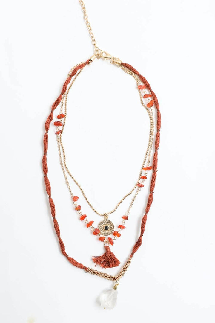 Carnelian &amp; Crystal Pendant Multi Layered Necklace