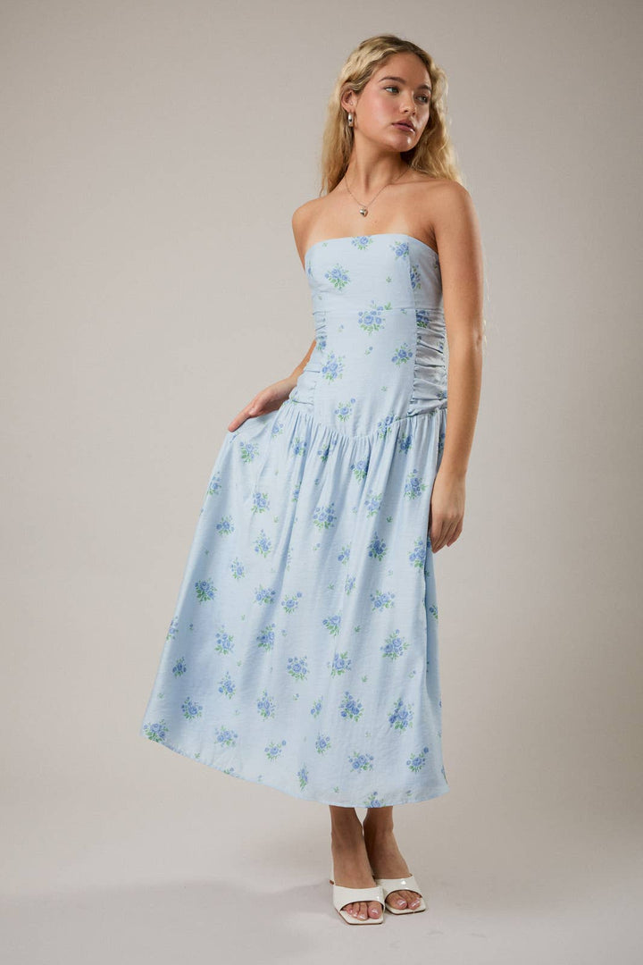 Strapless Ruched Waist Midi Dress