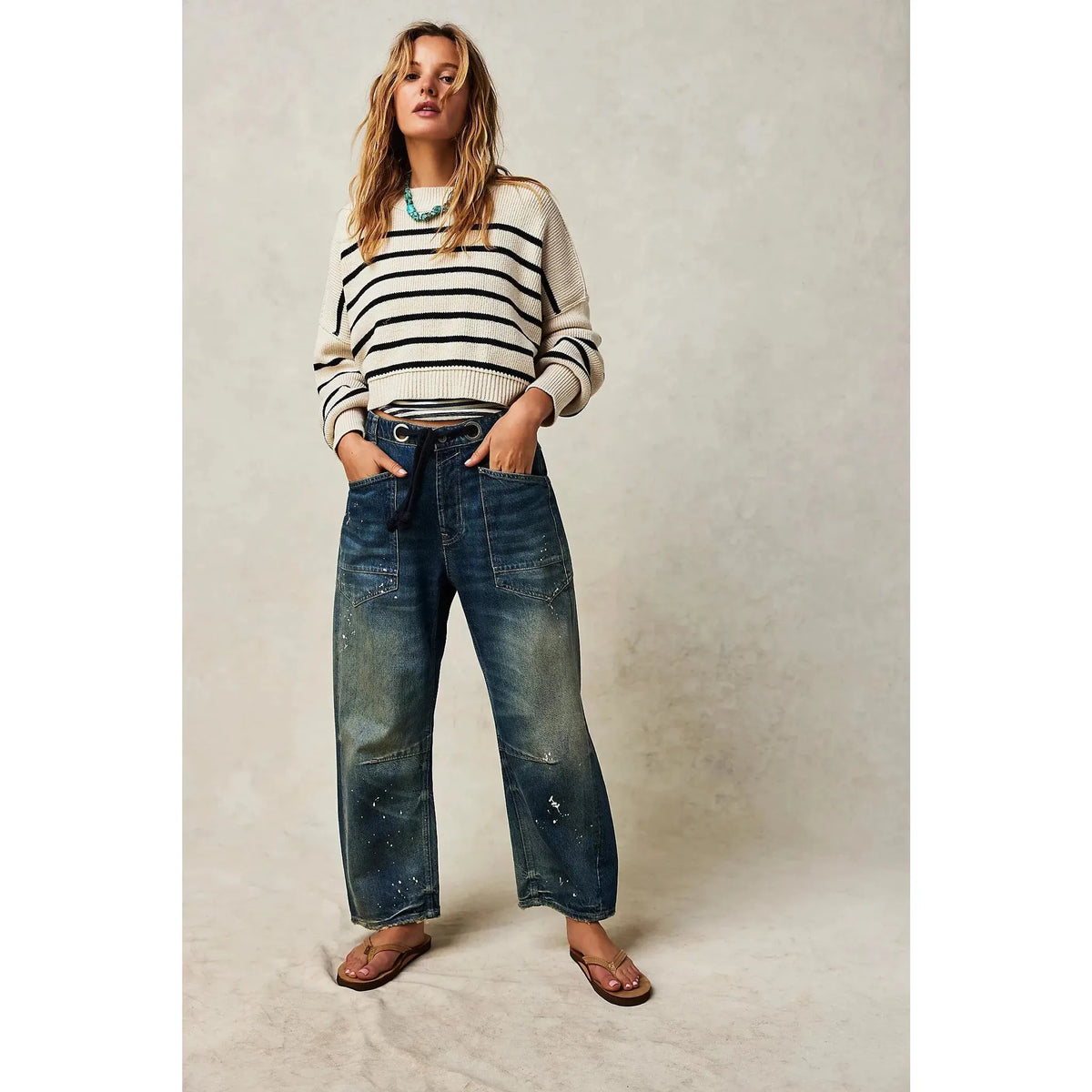 Free People Moxie Printed Low Slung Barrel Jeans Timeless Blue