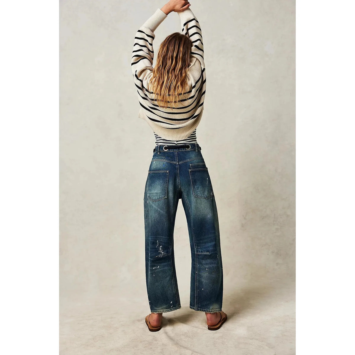 Free People Moxie Printed Low Slung Barrel Jeans Timeless Blue