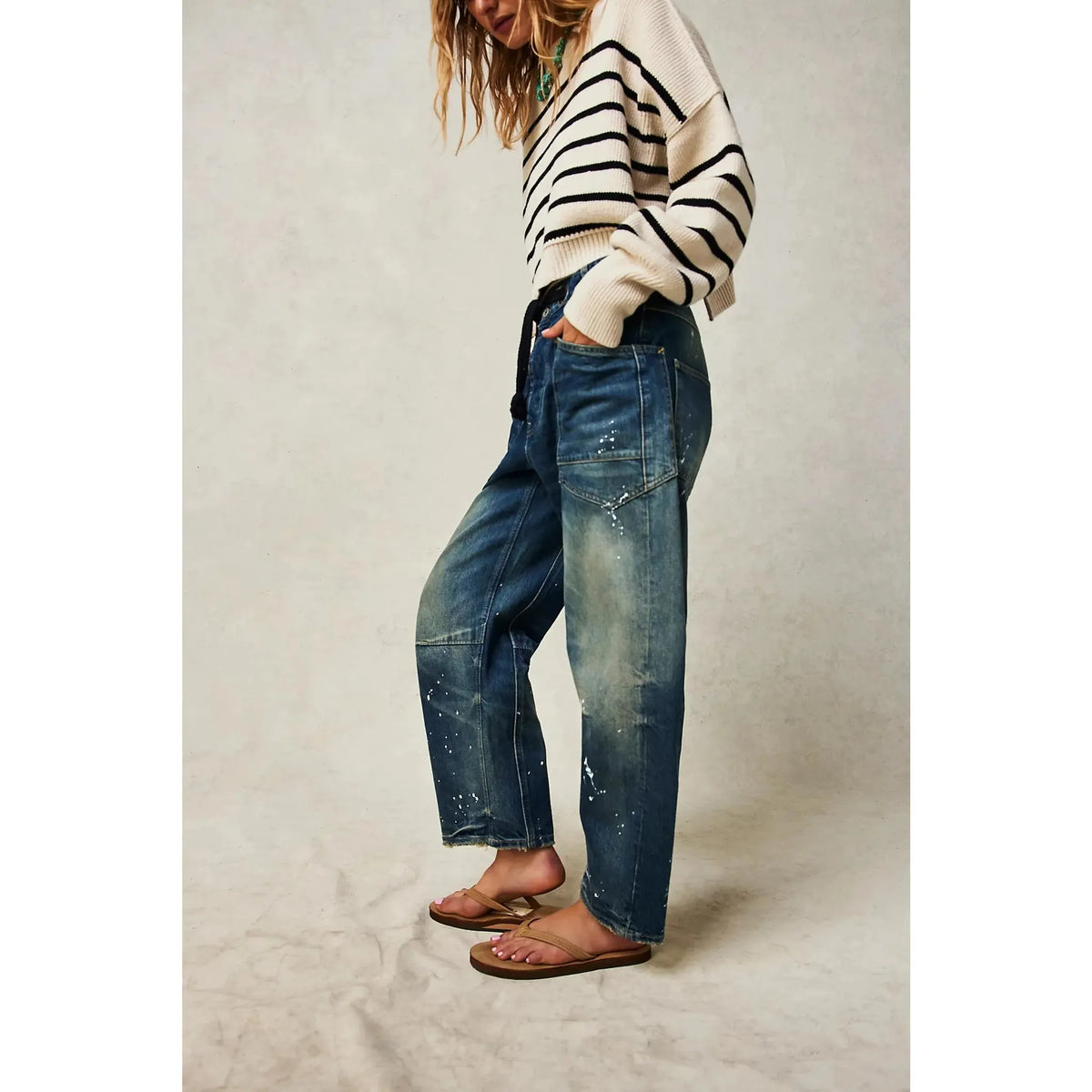Free People Moxie Printed Low Slung Barrel Jeans Timeless Blue