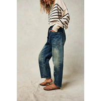 Free People Moxie Printed Low Slung Barrel Jeans Timeless Blue