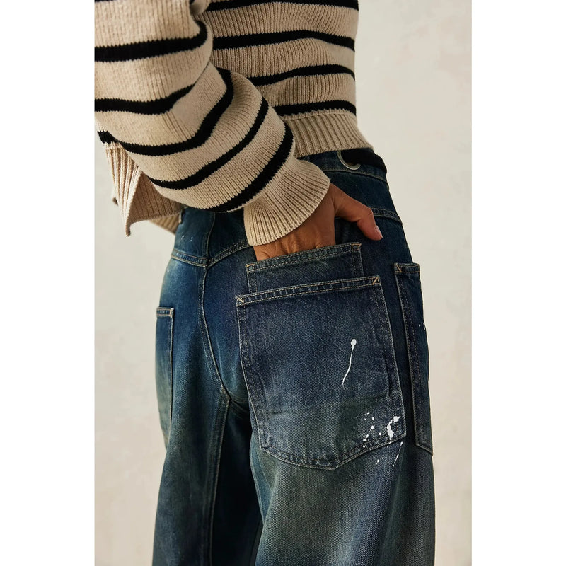 Free People Moxie Printed Low Slung Barrel Jeans Timeless Blue