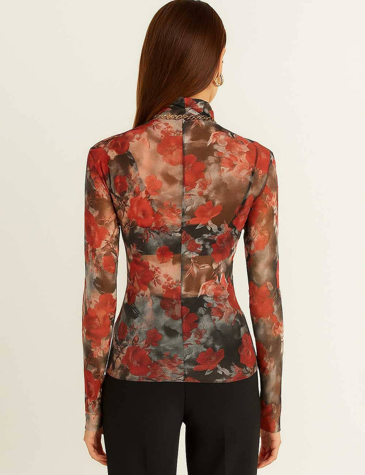 Flower Print Blouse See Sheer Layering Top