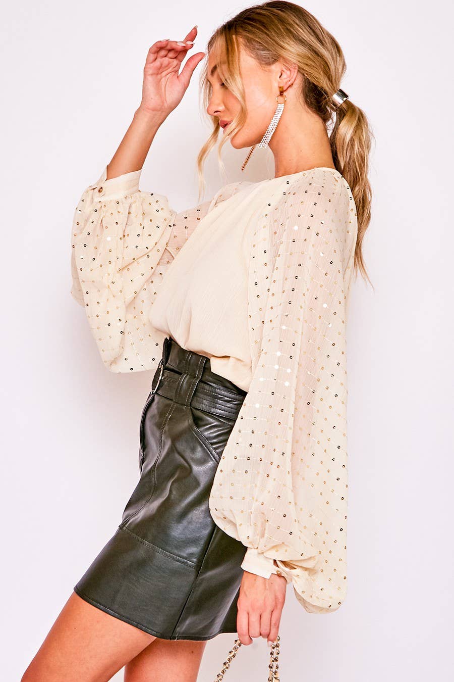 Vine and Love Sequin Long Balloon Sleeve Chiffon Blouse
