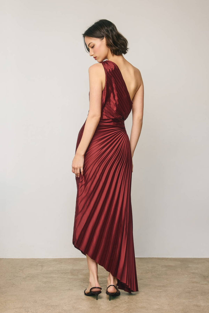 Satin One Shoulder Asymmetrical Pleated Dress: BLACK / S-M-L(3-2-1)