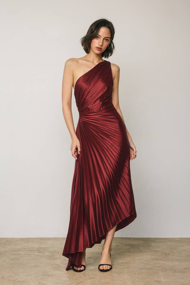 Satin One Shoulder Asymmetrical Pleated Dress: BLACK / S-M-L(3-2-1)