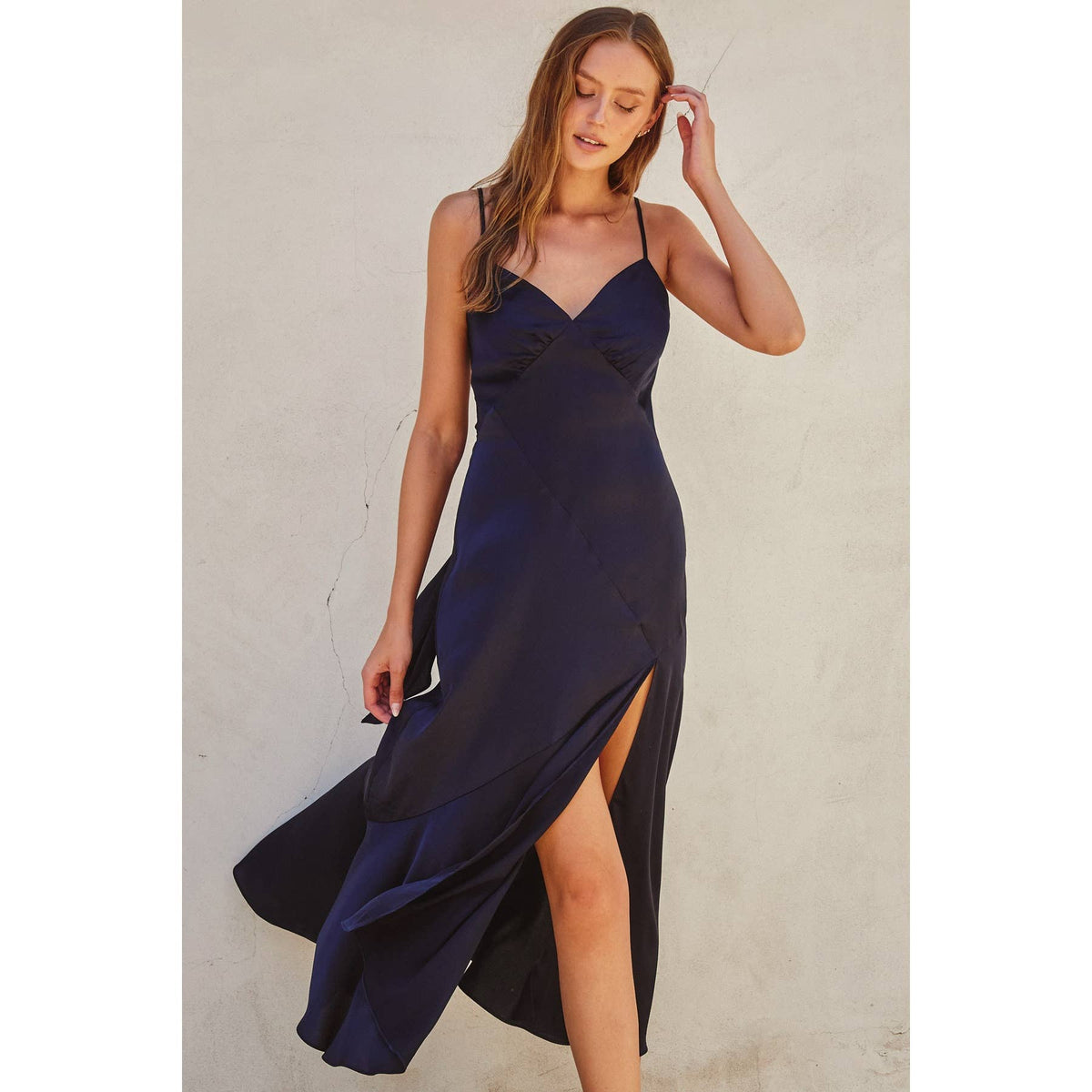 Satin Tie-Back Slit Midi Dress