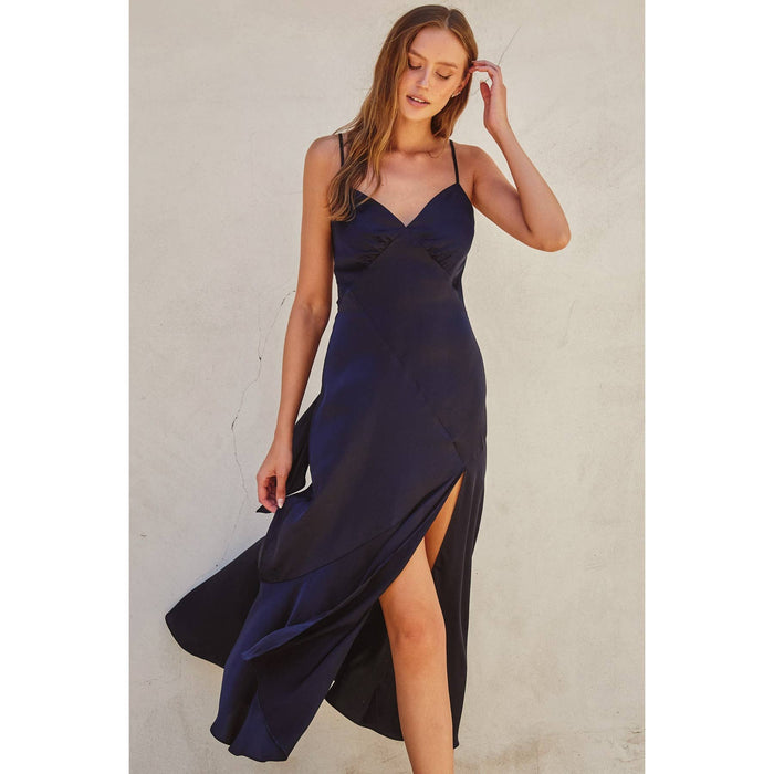 Satin Tie-Back Slit Midi Dress