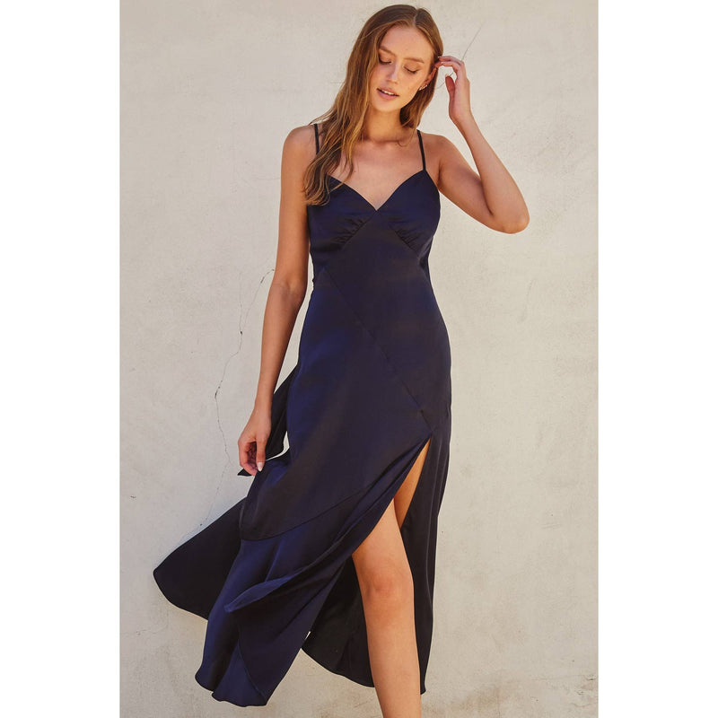 Satin Tie-Back Slit Midi Dress