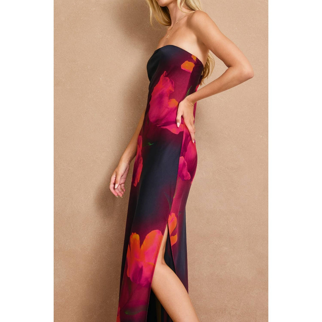 Floral Strapless Bias Cut Maxi Dress: PLUM ROSE / S-M-L(2-2-2)