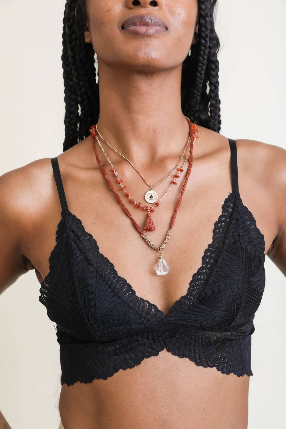 Carnelian &amp; Crystal Pendant Multi Layered Necklace