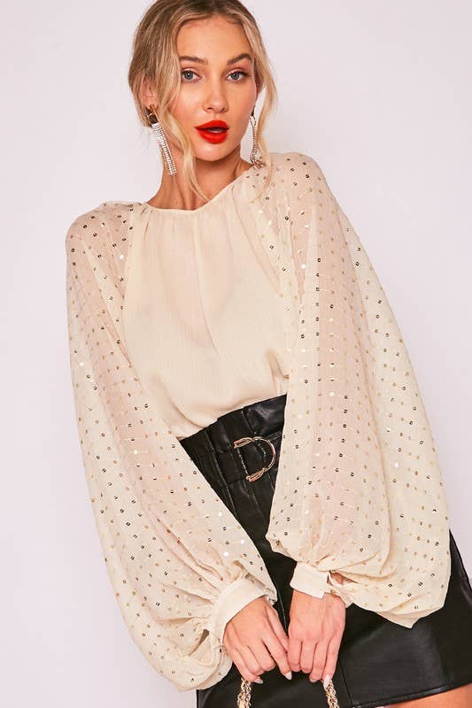 Vine and Love Sequin Long Balloon Sleeve Chiffon Blouse