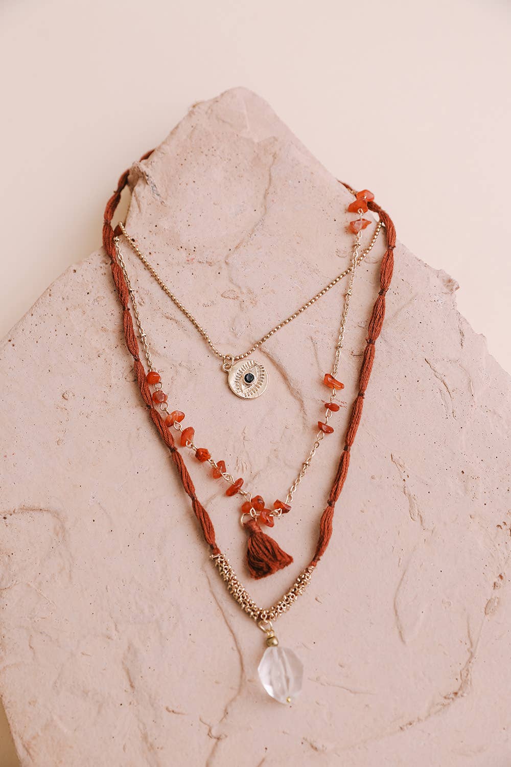 Carnelian &amp; Crystal Pendant Multi Layered Necklace