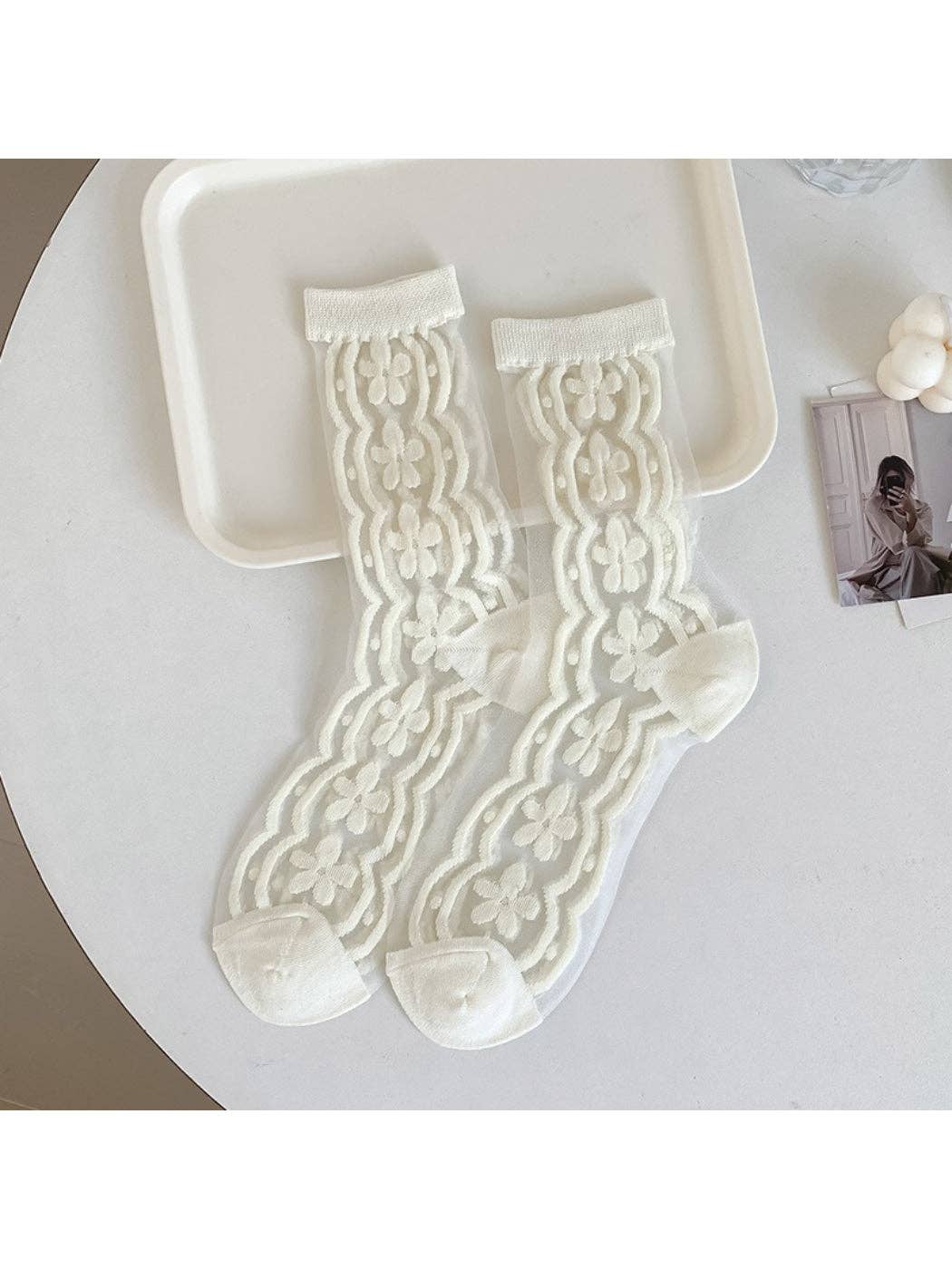 Floral Textured Sheer Crew Socks