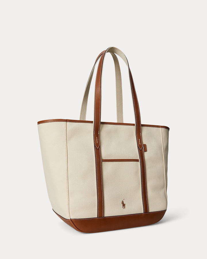 Leather-Trim Canvas Medium Shopper Tote